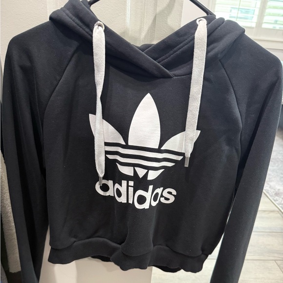 adidas Jackets & Blazers - Adidas Black Hoodie Crop with White Drawstrings